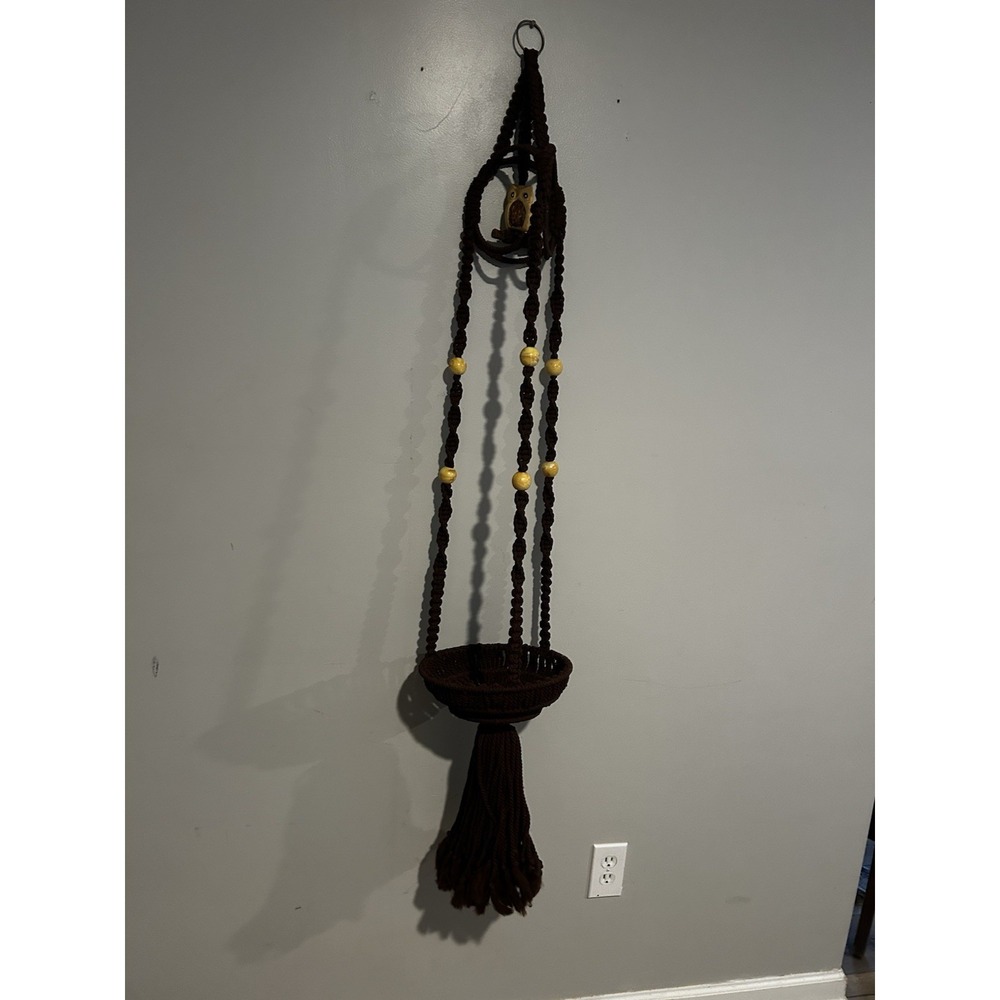 70's Macrame Hanging Plant Holder Ceramic‎ Owl Boho Beads Hippie 58" Long Brown
